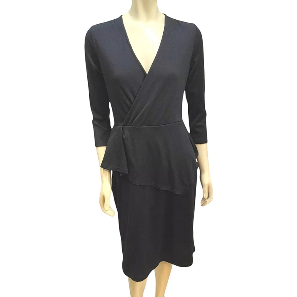 Garnet Hill Dress Whimsigoth Pin-Up Faux Wrap Soft Midi 100% Wool Peplum Large